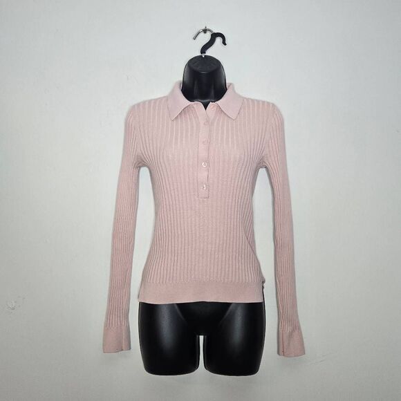 Athleta Ribbed Henley Sweater Size Small Pink 1/2 Button Collard - Picture 2 of 7